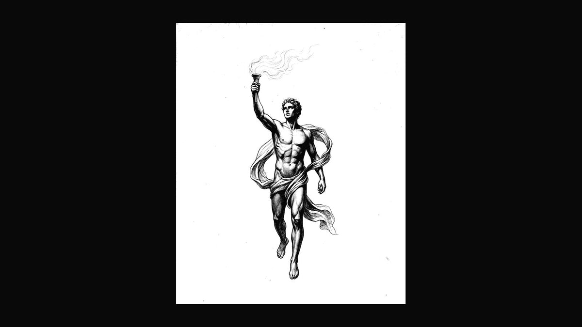 The ZENITH Prometheus plate — a classical figure carrying fire, drawn in ink