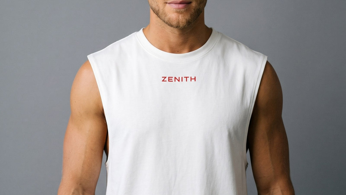 A ZENITH performance tank in Alpine White worn on the body, showing the fit through the chest