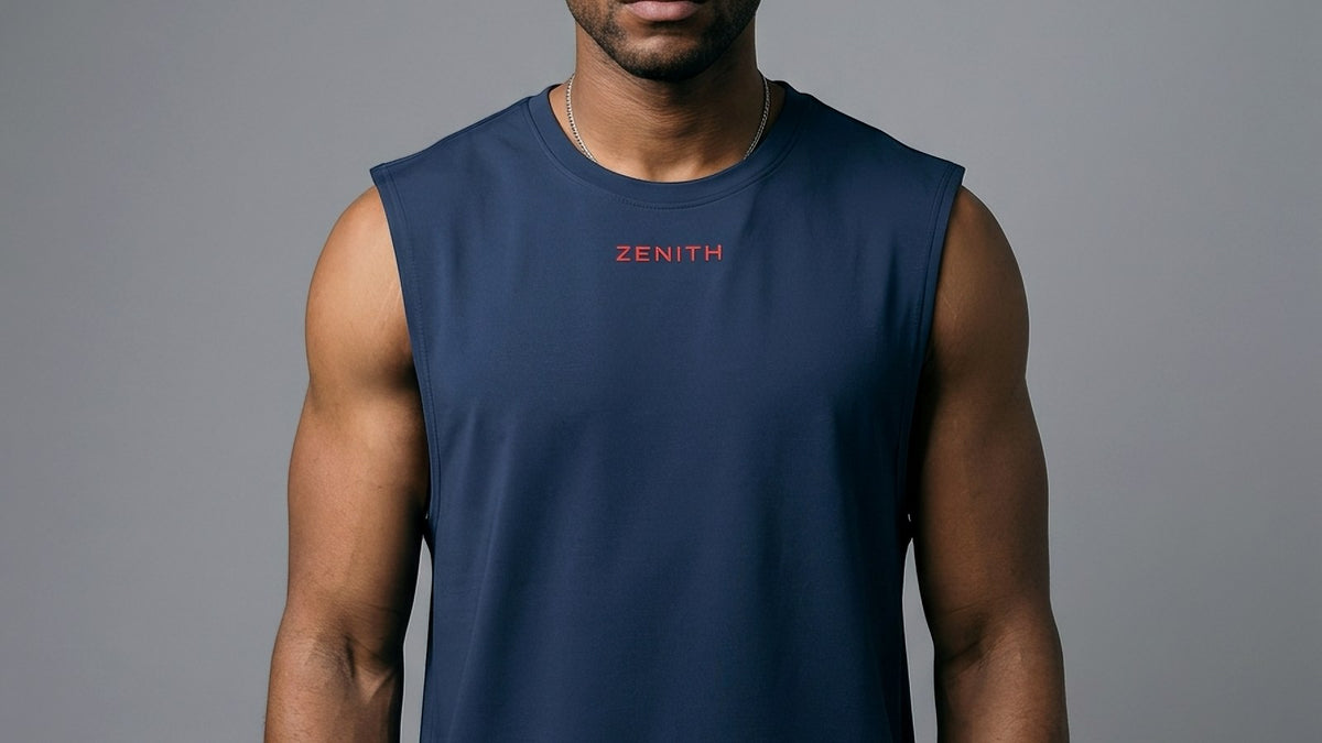 A ZENITH performance tank in Midnight Navy worn on the body, front view