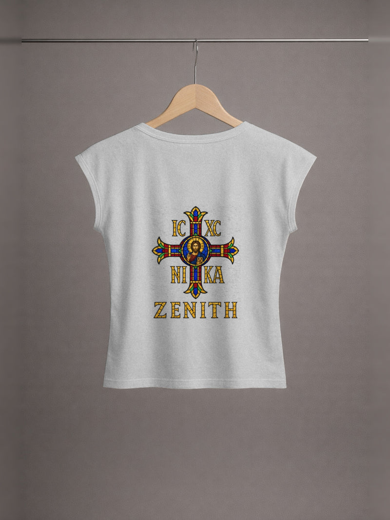 Bride of Christ Baby Tee — Heather Grey — back print, studio hanger