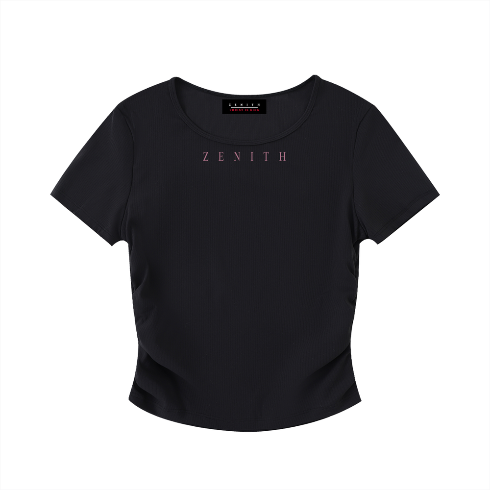 Lily of the Valley Ruched Crop Top — Onyx Black — chest side flat lay