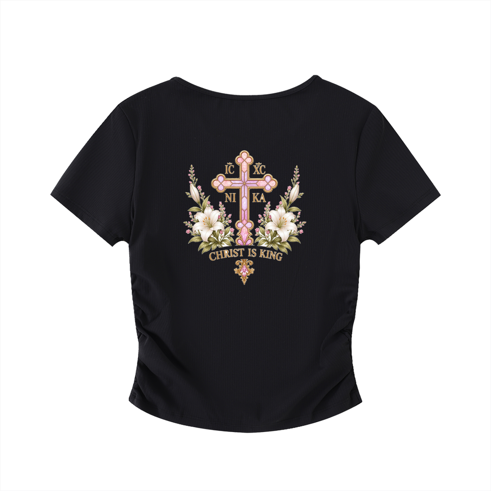 Lily of the Valley Ruched Crop Top — Onyx Black — back print