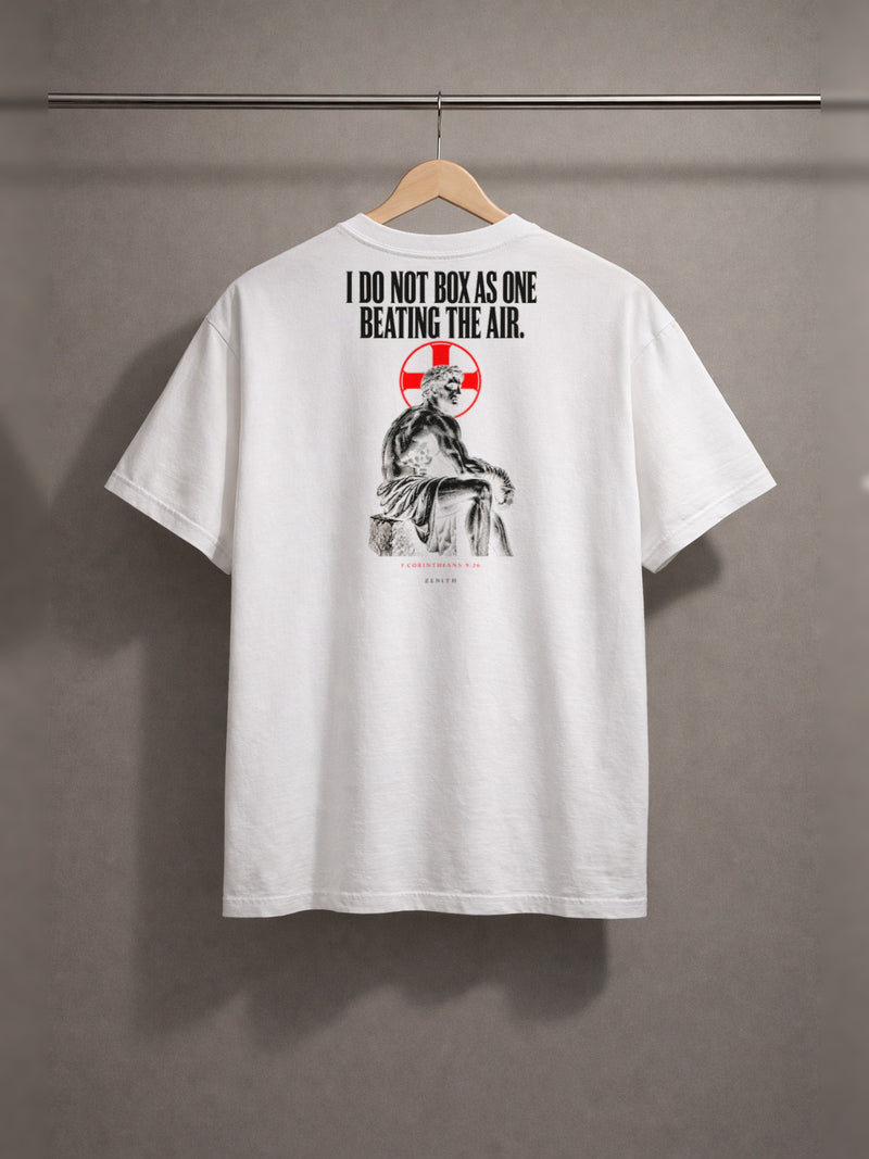 Not Beating The Air Tee — White — back print, studio hanger