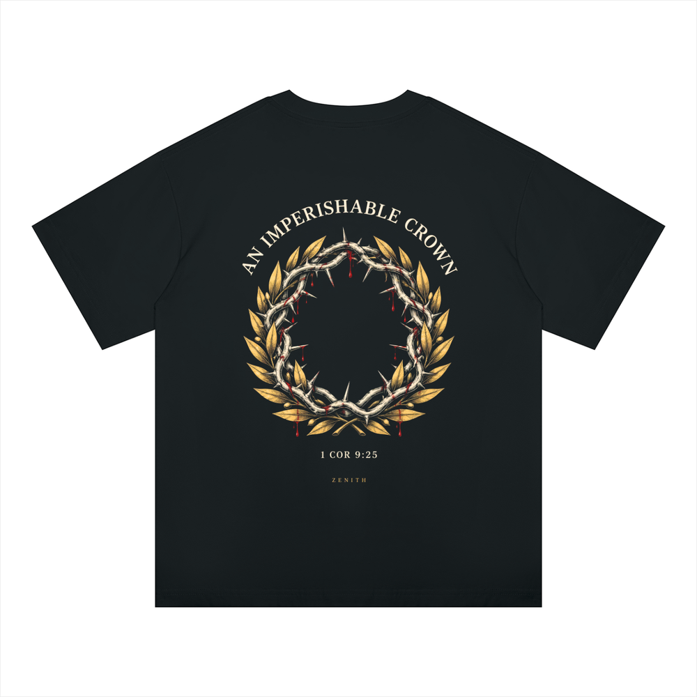 Imperishable Crown Tee — Black — oversized fit, back print