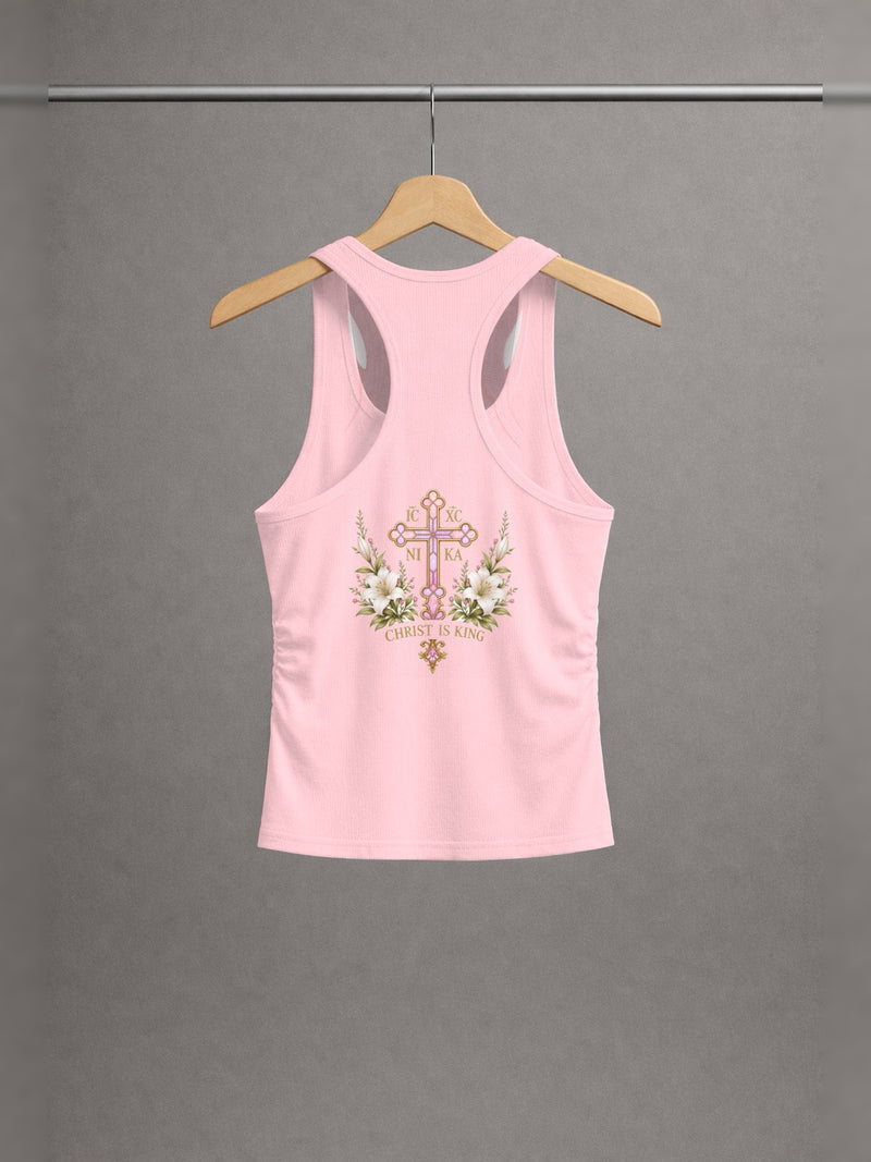Handmaid of the Lord Ruched Tank — Blush Pink — back print, studio hanger