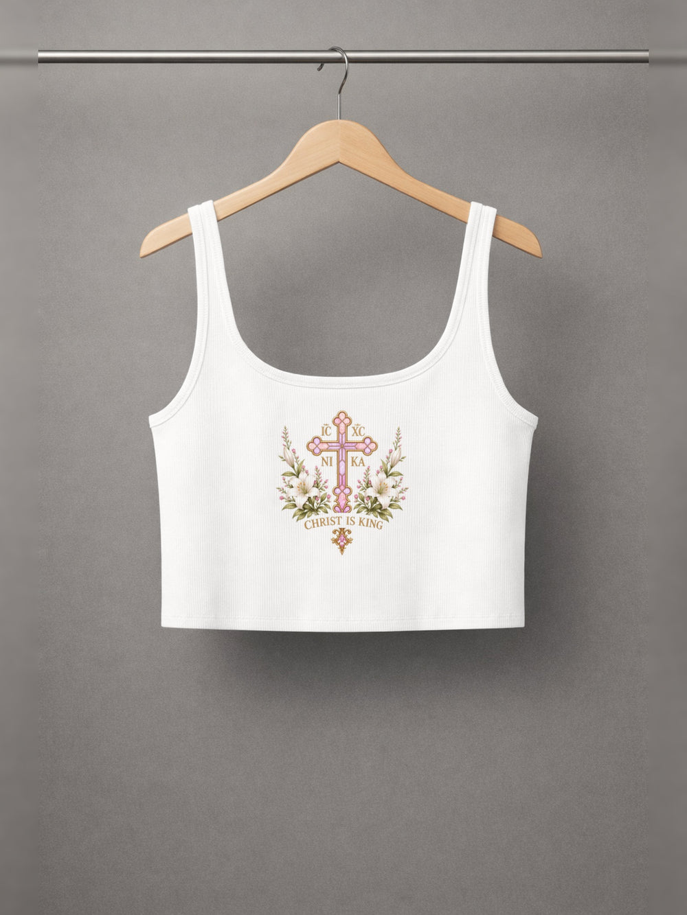 Theotokos Cropped Tank — Off-White — back print, studio hanger