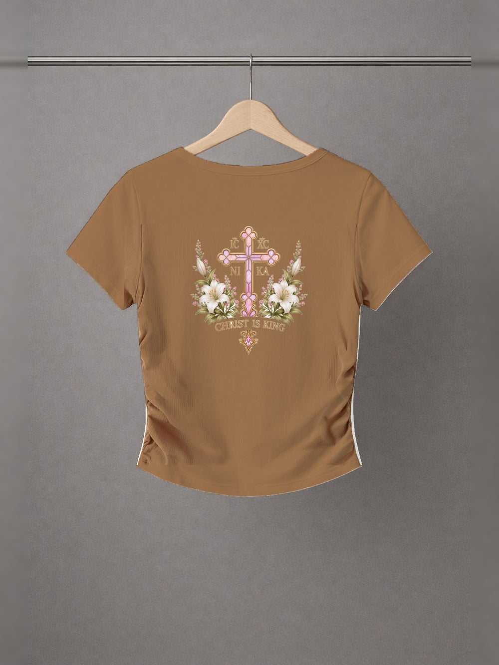 Lily of the Valley Ruched Crop Top — Brown — back print, studio hanger