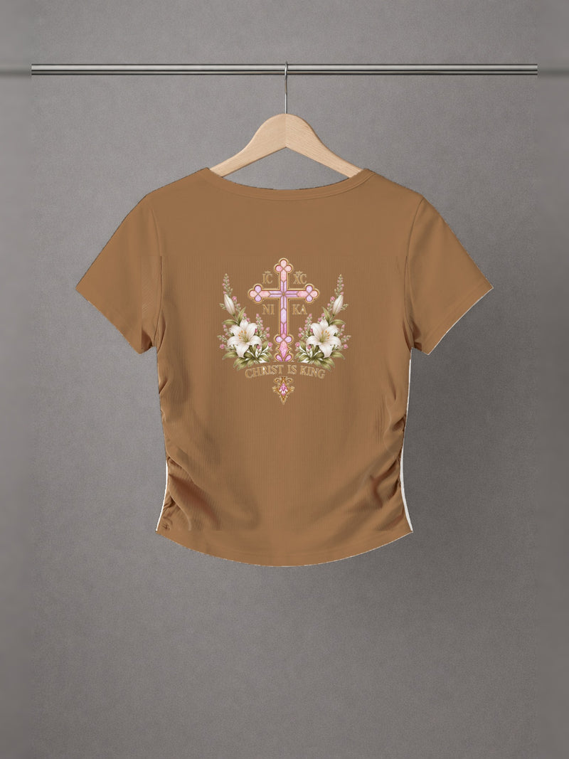 Lily of the Valley Ruched Crop Top — Brown — back print, studio hanger