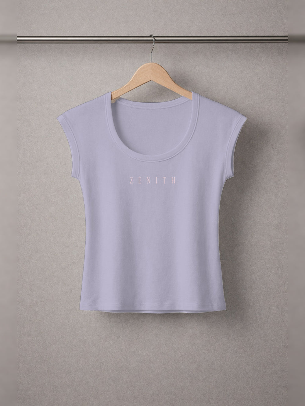 Bride of Christ Baby Tee — Lavender Grey — chest side, studio hanger
