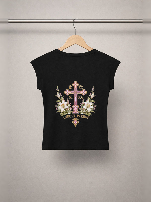 Daughter of Christ Baby Tee — Onyx Black — back print, studio hanger
