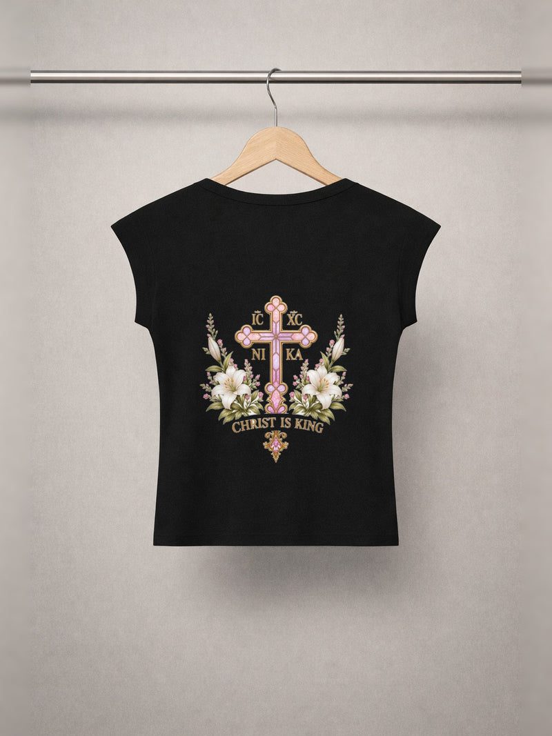 Daughter of Christ Baby Tee — Onyx Black — back print, studio hanger