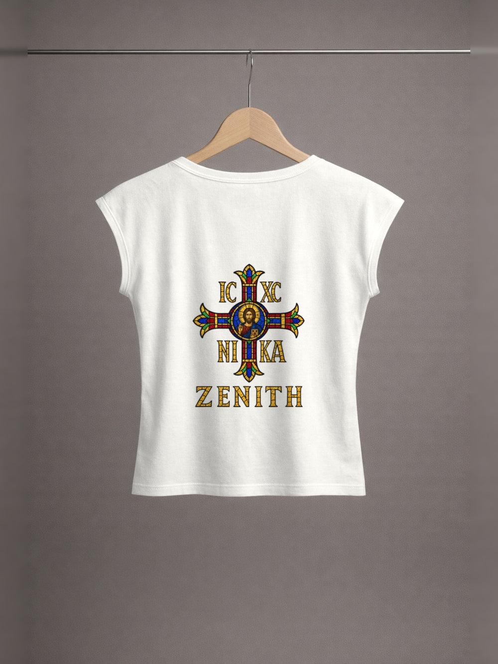 Bride of Christ Baby Tee — Off-White — back print, studio hanger