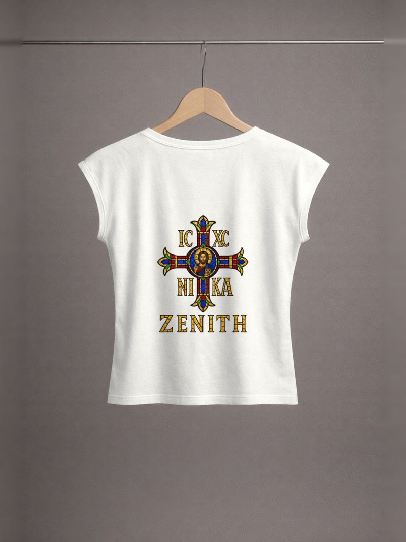 Bride of Christ Baby Tee — Off-White — back print, studio hanger