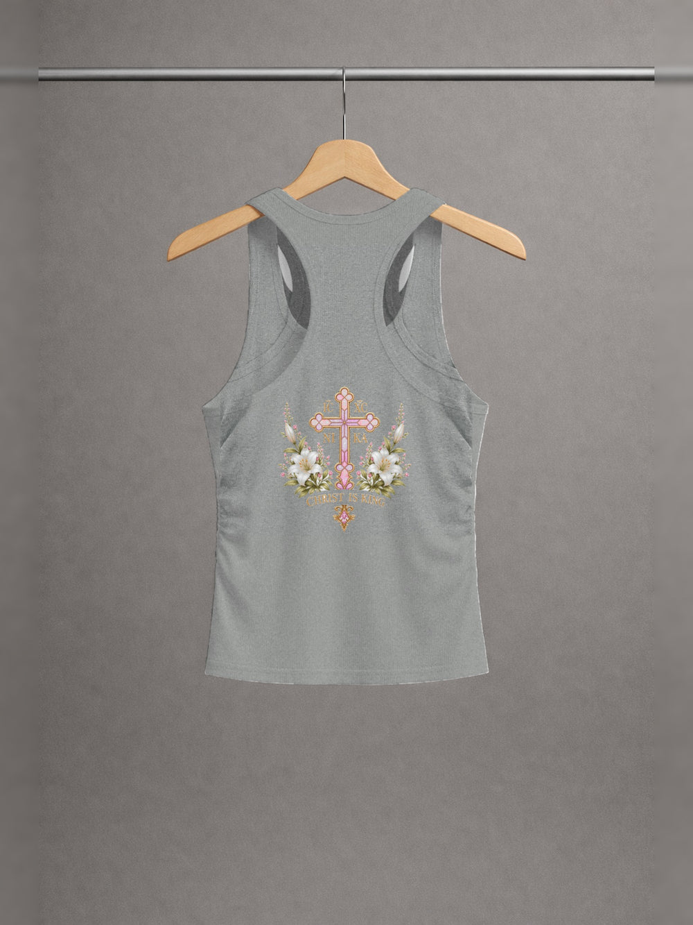 Handmaid of the Lord Ruched Tank — Heather Grey — back print, studio hanger