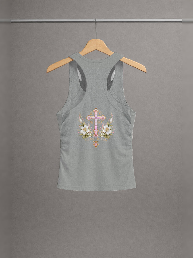 Handmaid of the Lord Ruched Tank — Heather Grey — back print, studio hanger