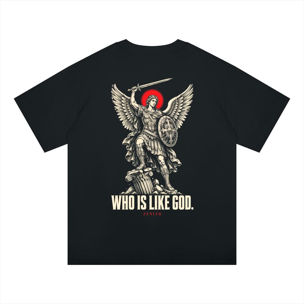 Who Is Like God Tee — Black — oversized fit, back print