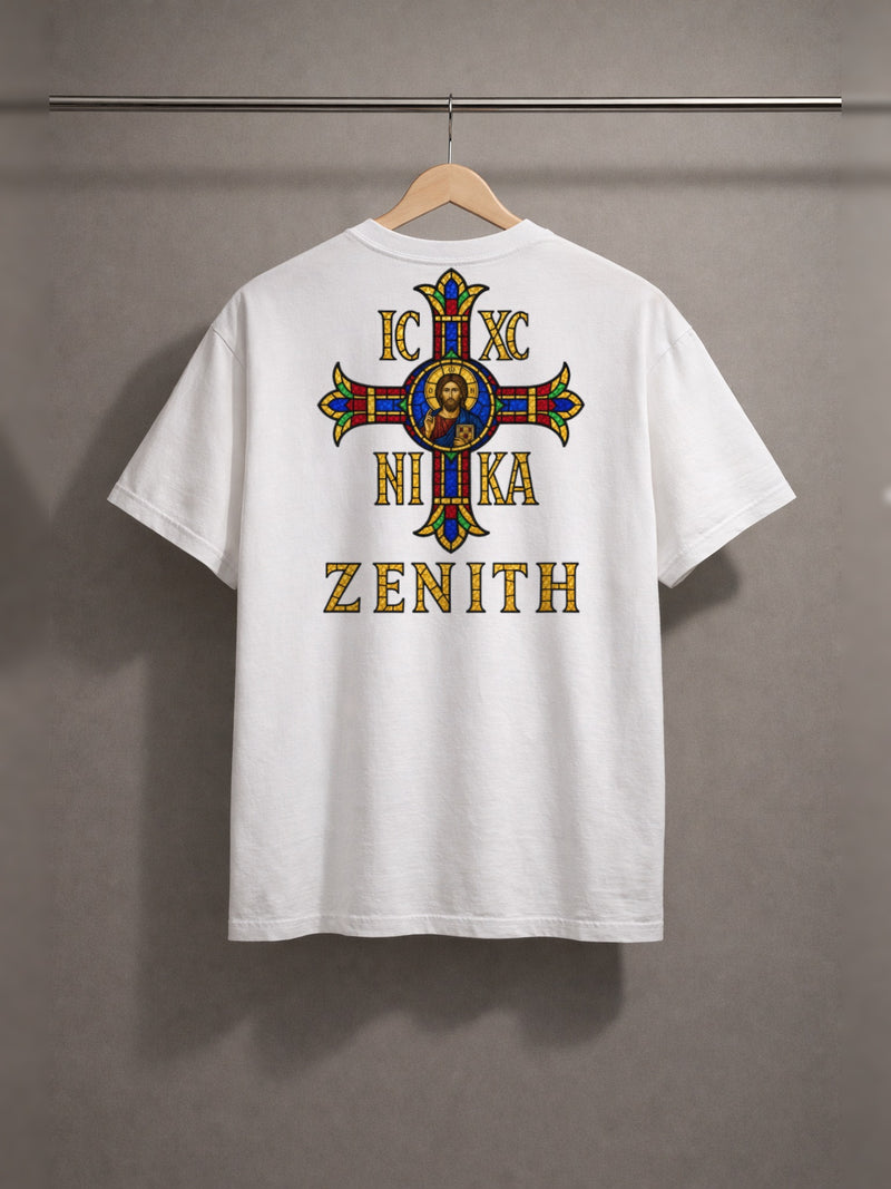 IC XC NIKA Stained Glass Tee — White — back print, studio hanger