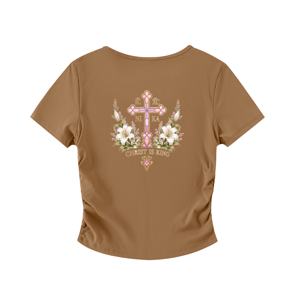 Lily of the Valley Ruched Crop Top — Brown — back print