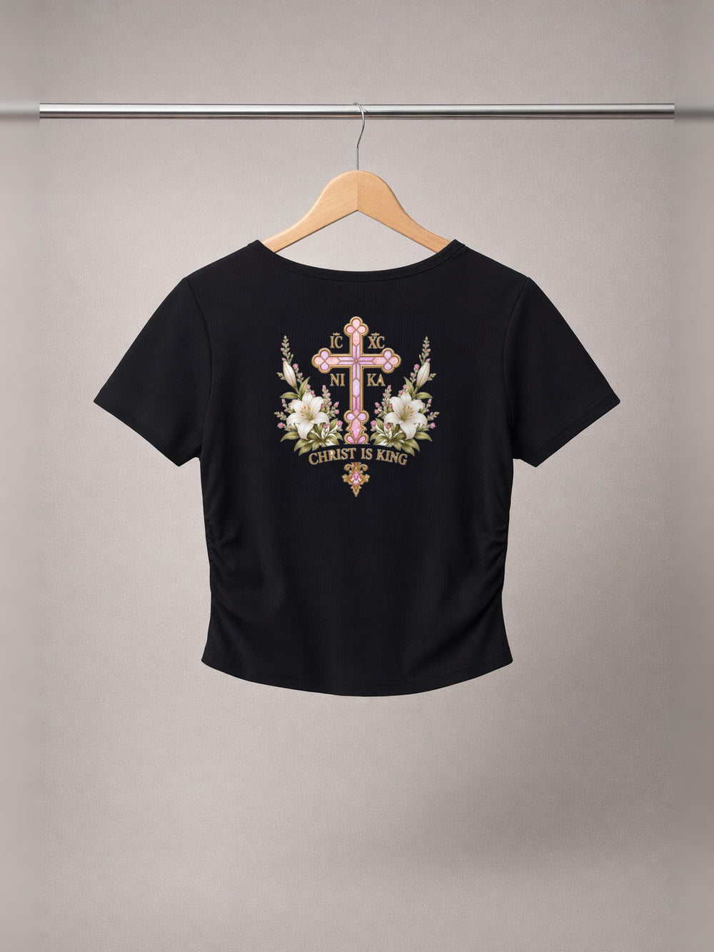 Lily of the Valley Ruched Crop Top — Onyx Black — back print, studio hanger