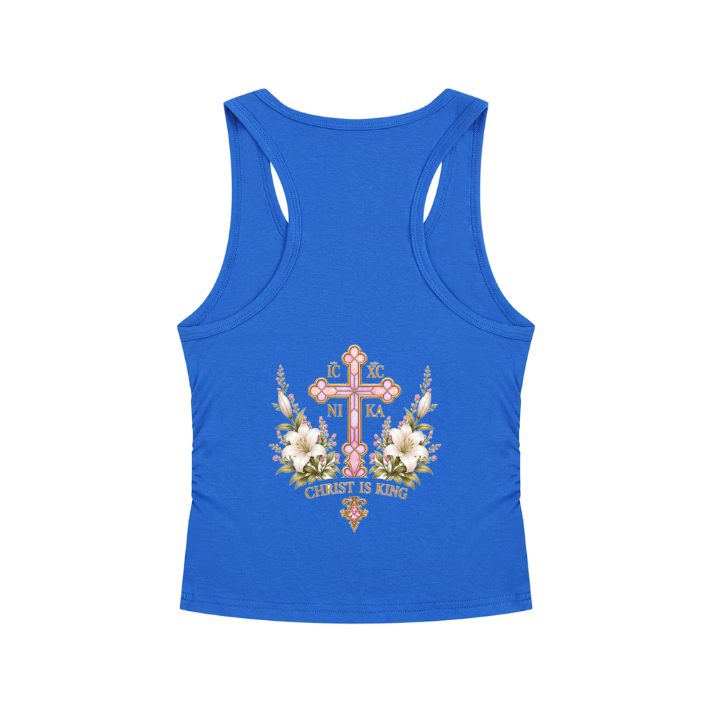 Handmaid of the Lord Ruched Tank — Klein Blue — back print