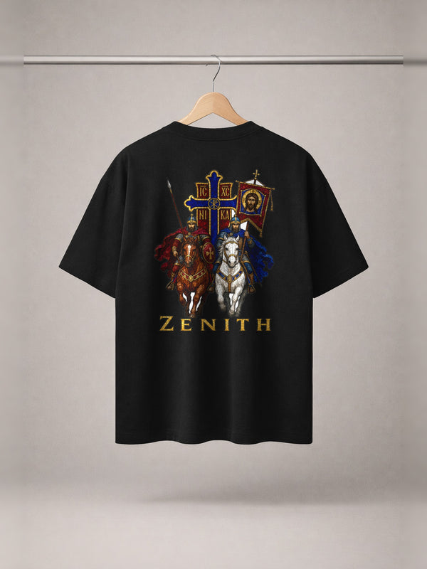 IC XC NIKA Cavalry Tee — Black — back print, studio hanger