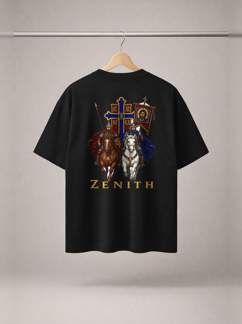 IC XC NIKA Cavalry Tee — Black — back print, studio hanger