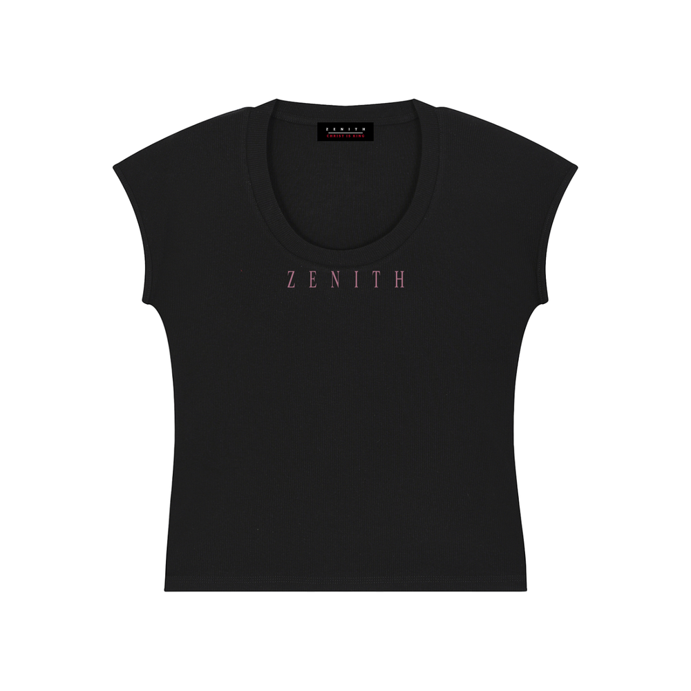 Daughter of Christ Baby Tee — Onyx Black — chest side flat lay