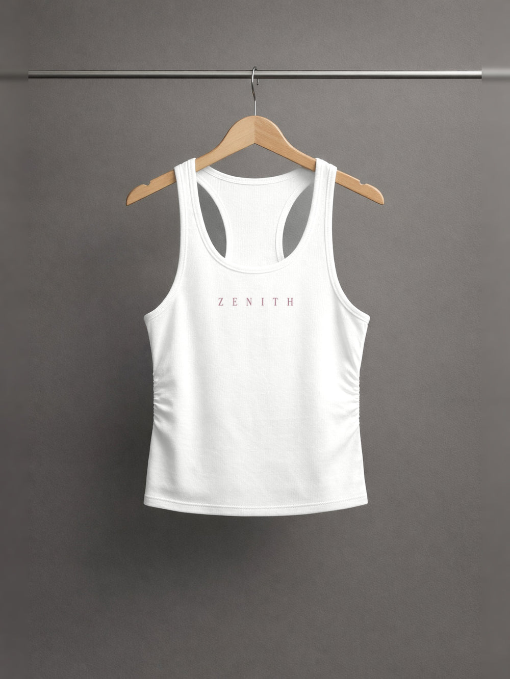 Handmaid of the Lord Ruched Tank — Off-White — chest side, studio hanger