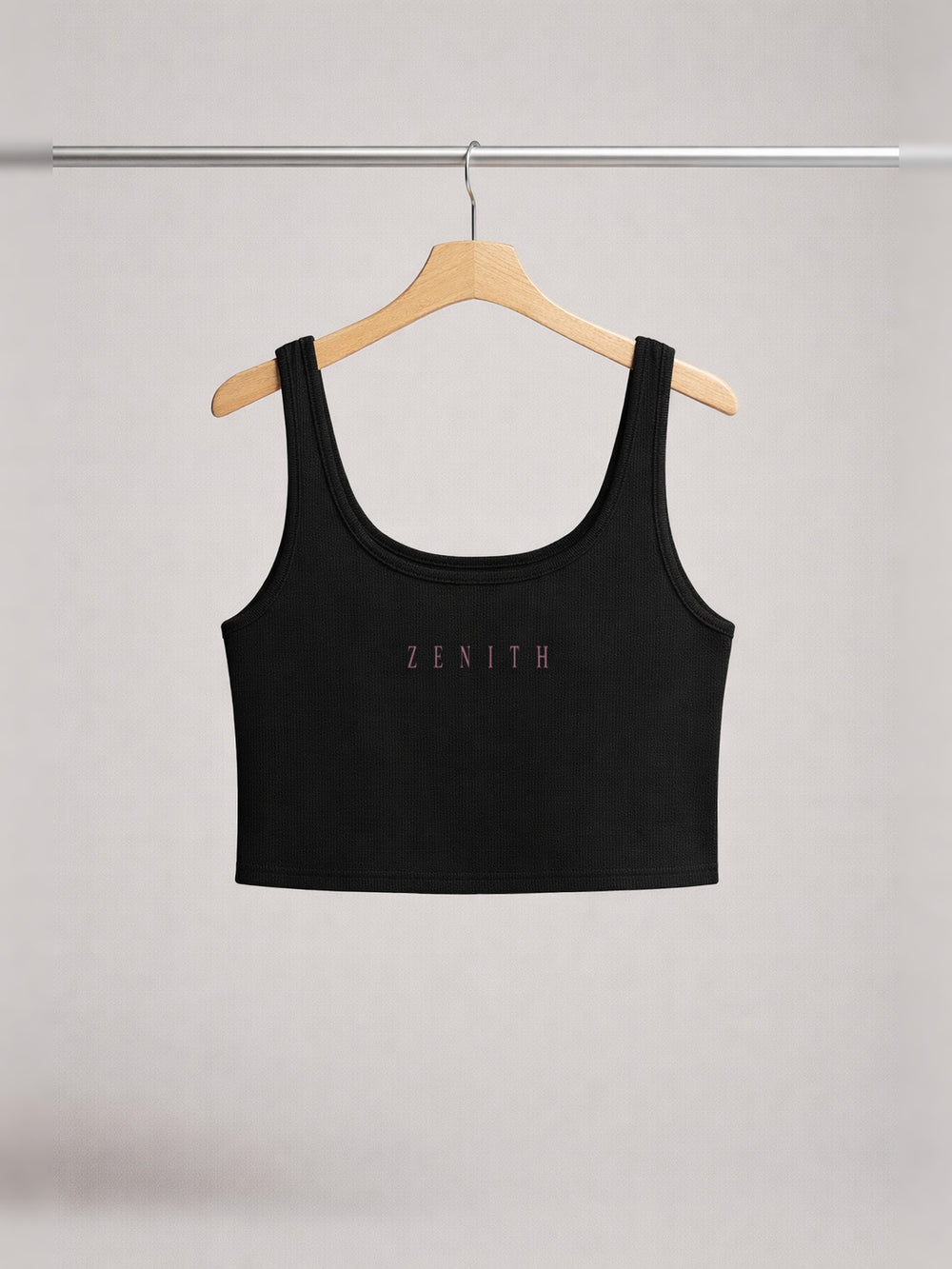 Theotokos Cropped Tank — Onyx Black — chest side, studio hanger