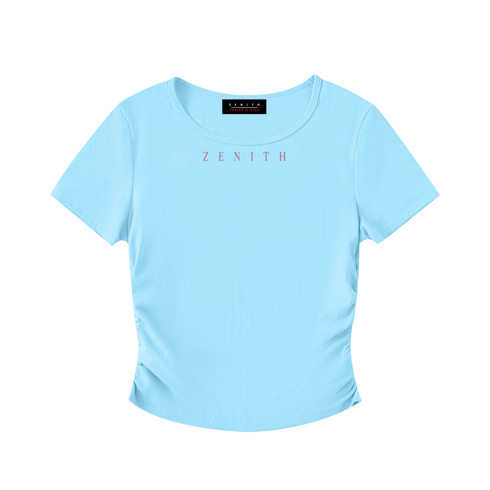 Lily of the Valley Ruched Crop Top — Blue — chest side flat lay