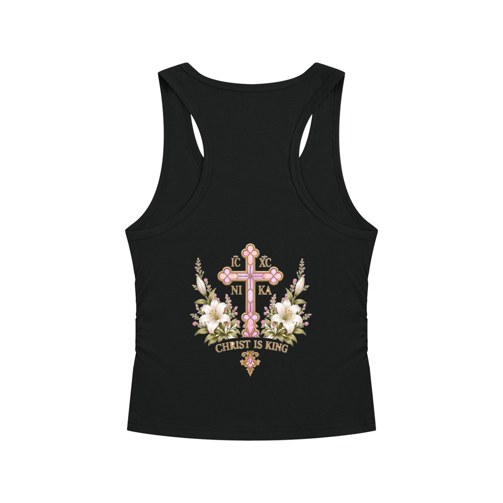 Handmaid of the Lord Ruched Tank — Onyx Black — back print