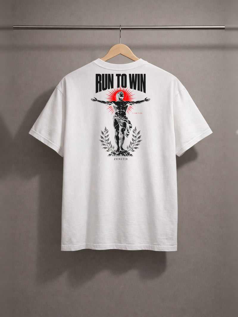 Run To Win Tee — White — back print, studio hanger