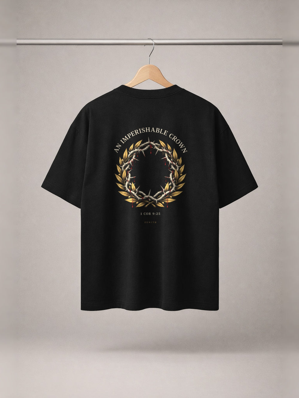Imperishable Crown Tee — Black — back print, studio hanger