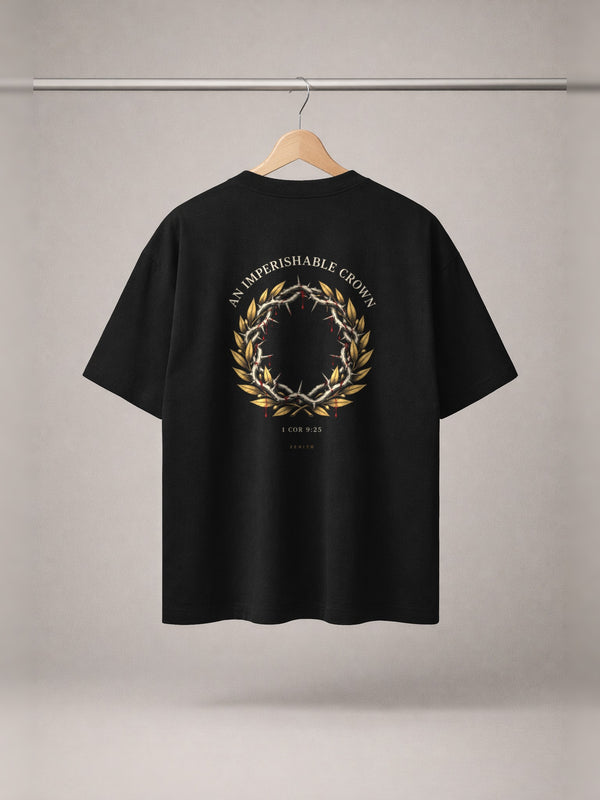 Imperishable Crown Tee — Black — back print, studio hanger
