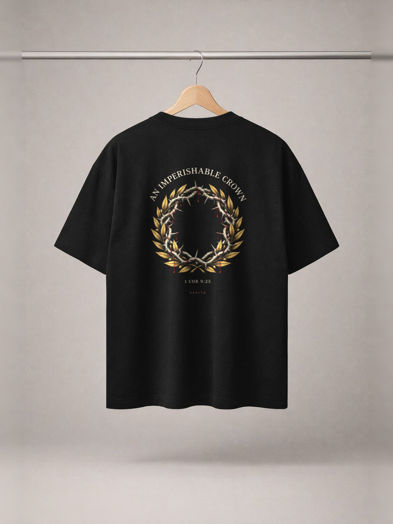 Imperishable Crown Tee — Black — back print, studio hanger