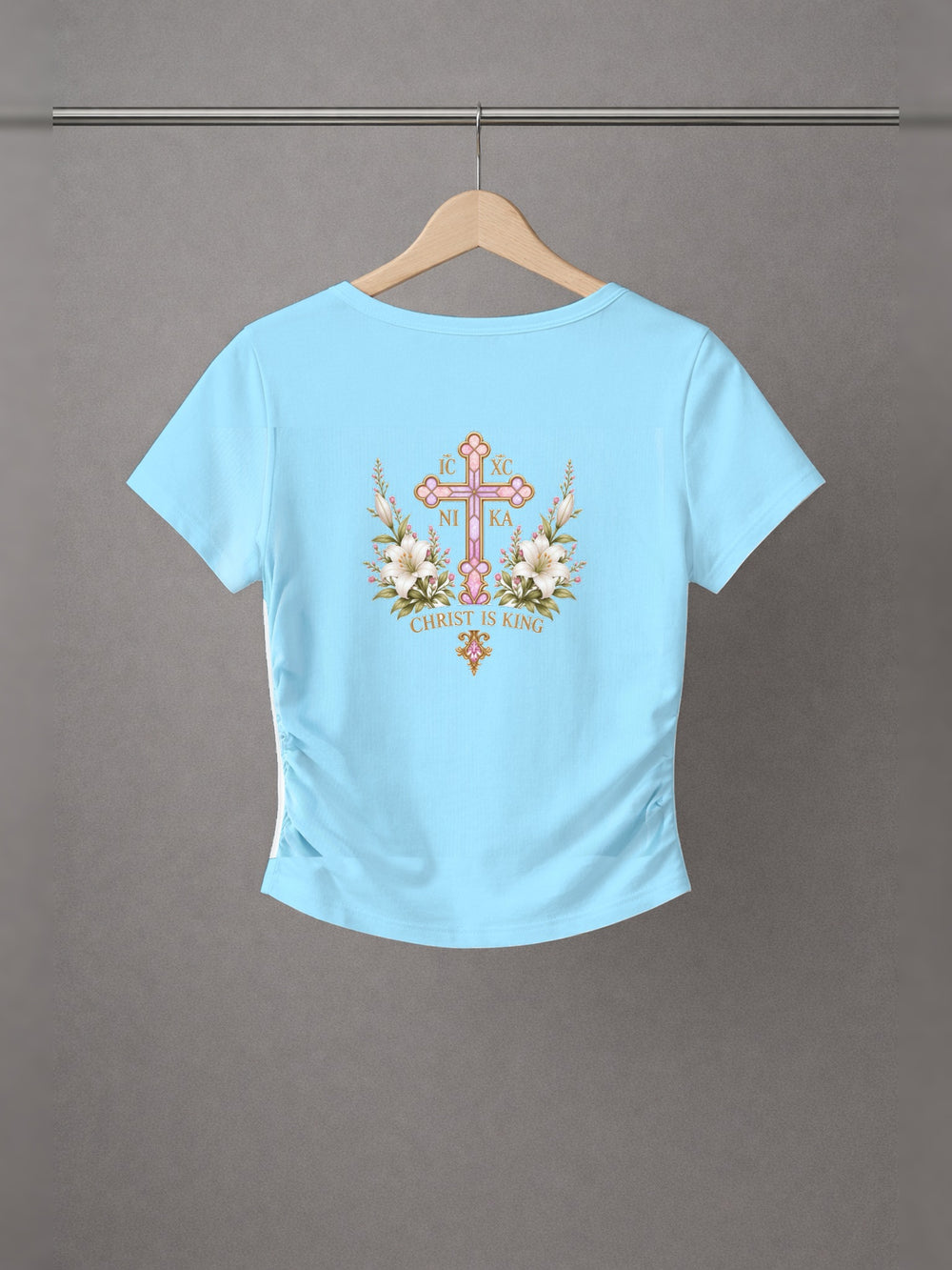 Lily of the Valley Ruched Crop Top — Blue — back print, studio hanger