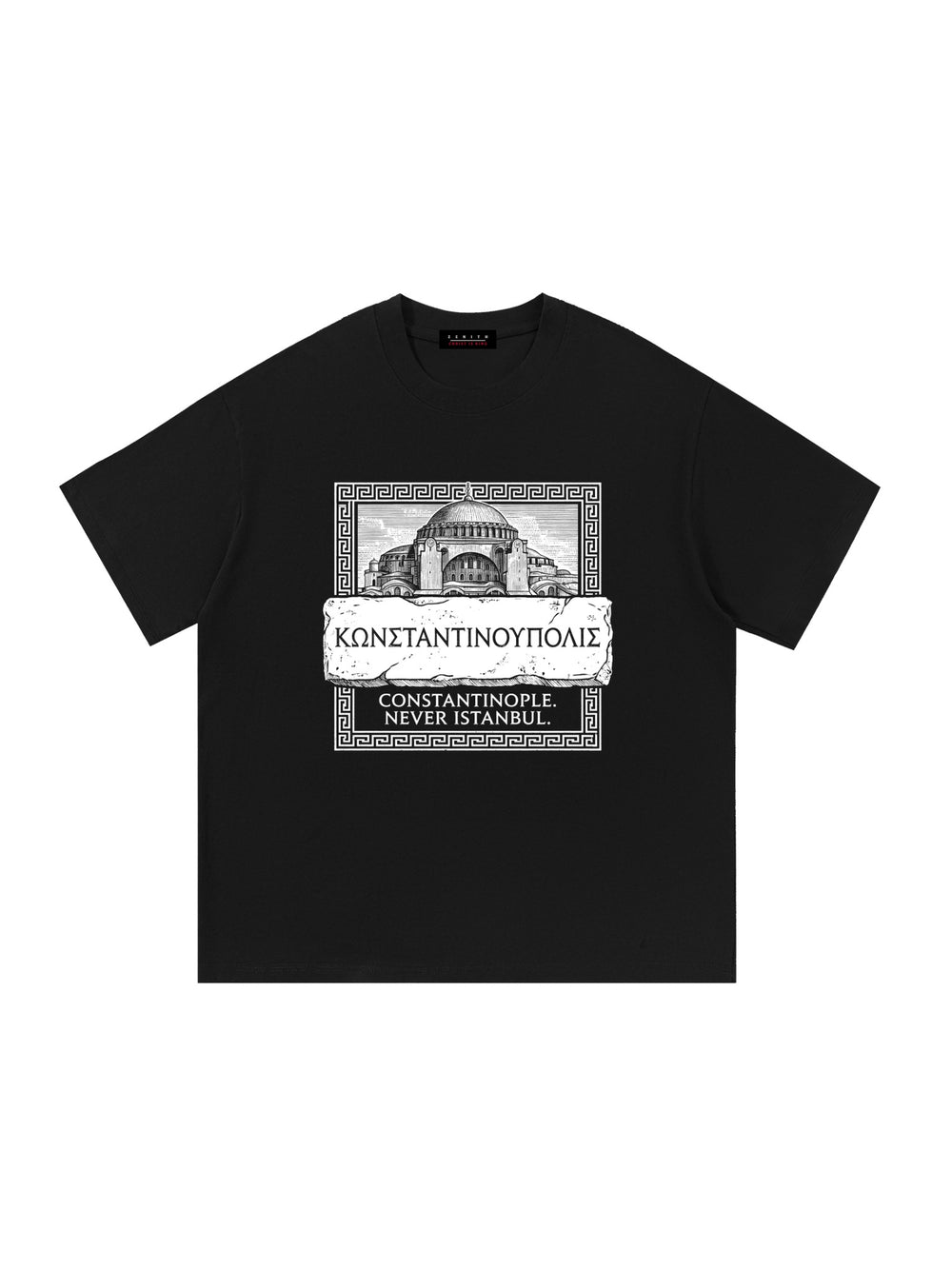 Konstantinoupolis Tee — Black — front print flat lay