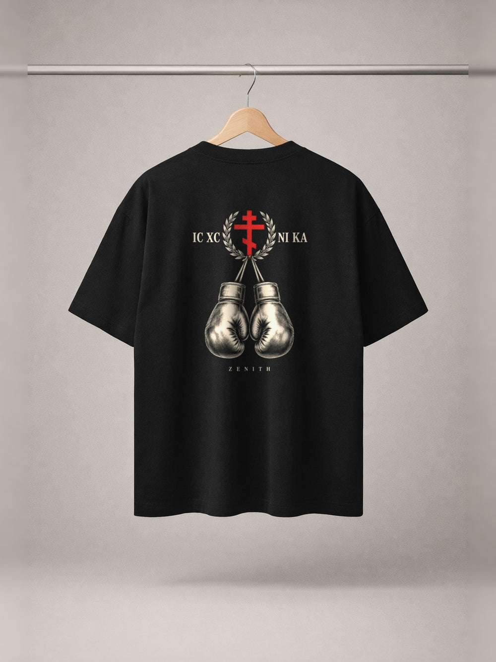IC XC NIKA Gloves Tee — Black — back print, studio hanger