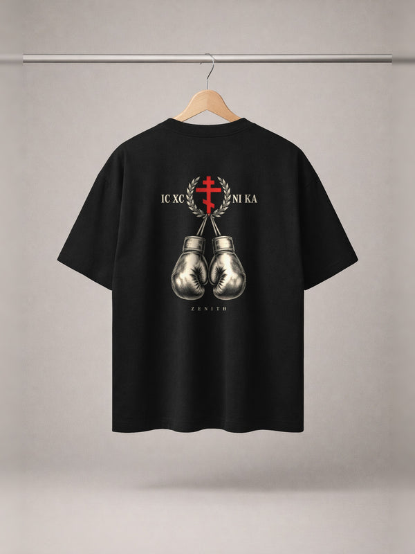 IC XC NIKA Gloves Tee — Black — back print, studio hanger