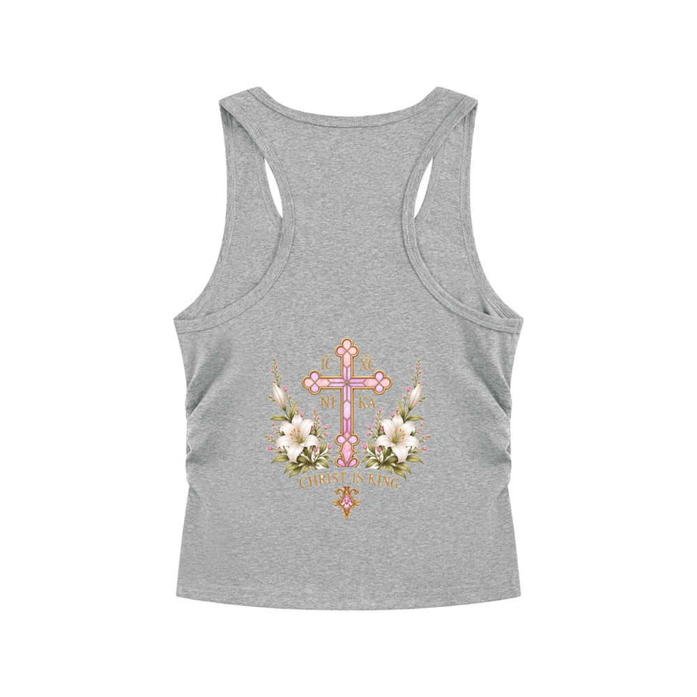 Handmaid of the Lord Ruched Tank — Heather Grey — back print