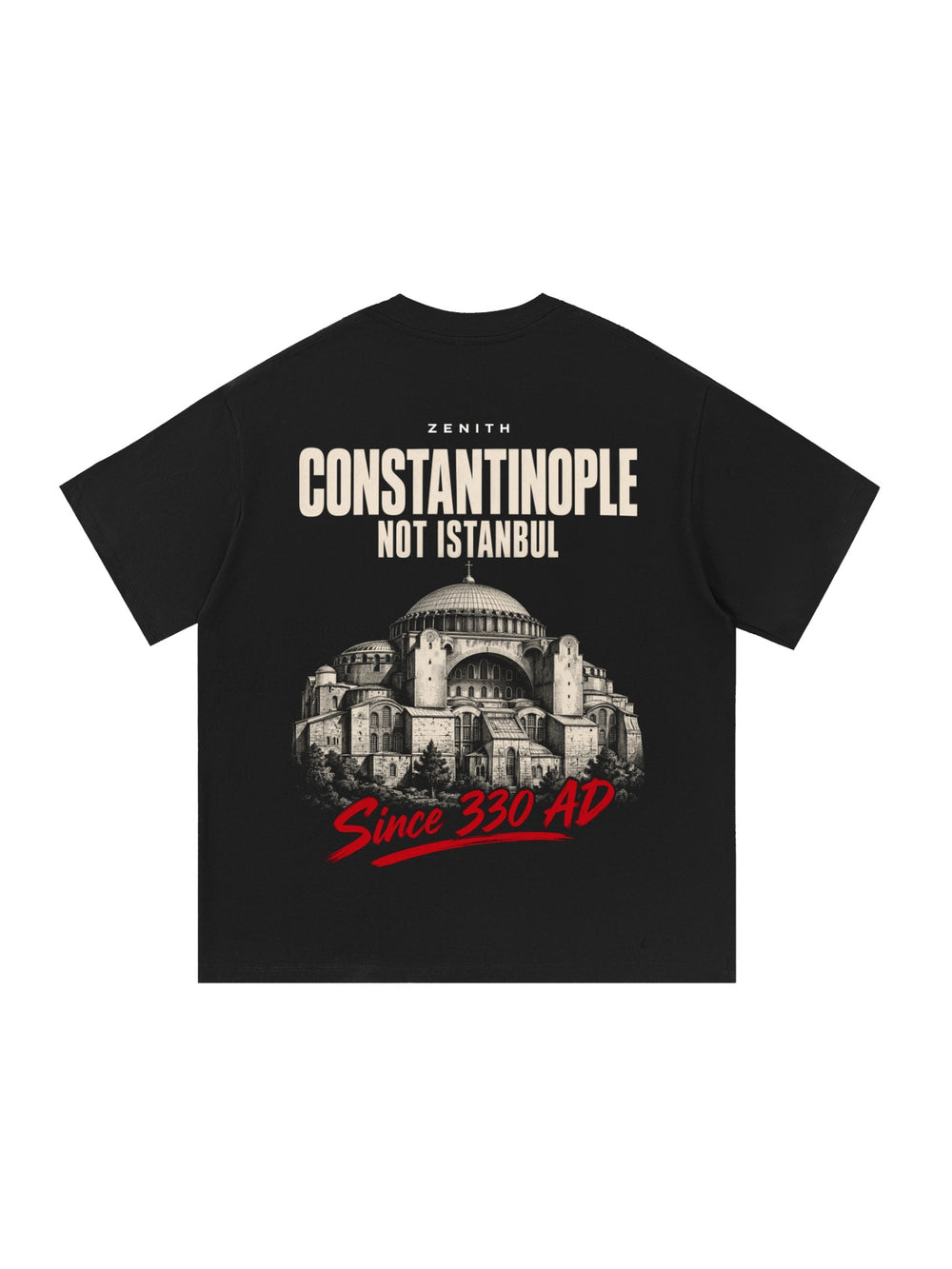 Constantinople Tee — Black — back print flat lay