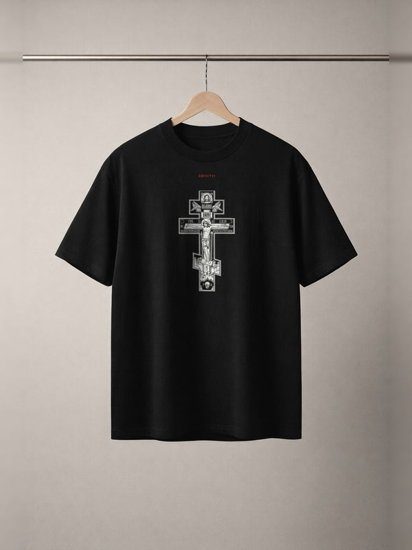 Orthodoxy Or Death Tee — front print, studio hanger