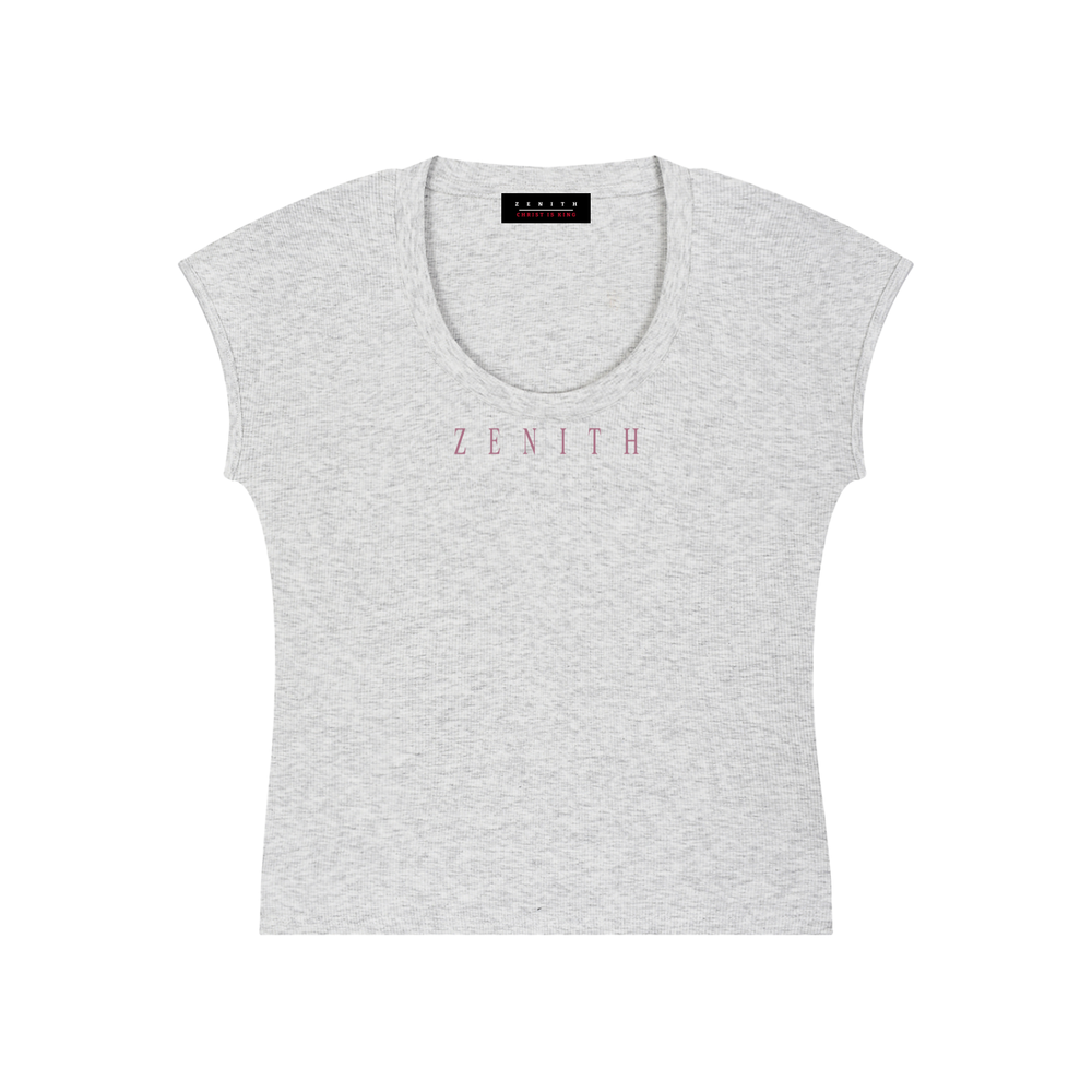 Daughter of Christ Baby Tee — Heather Grey — chest side flat lay