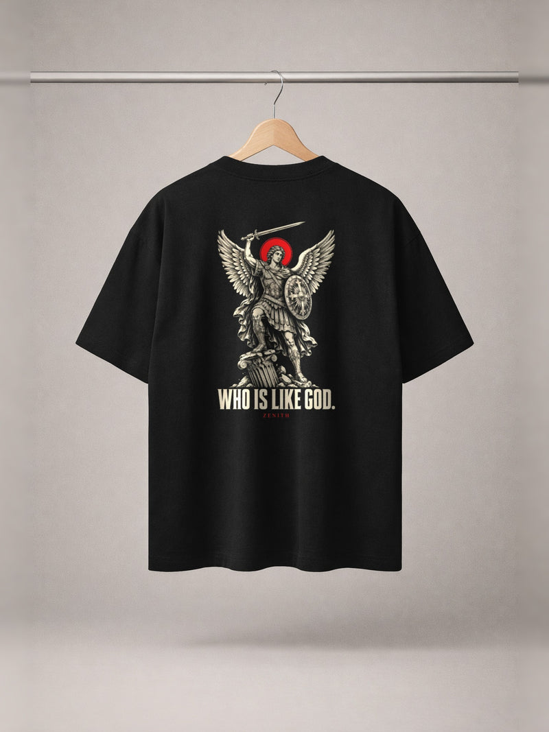 Who Is Like God Tee — Black — back print, studio hanger