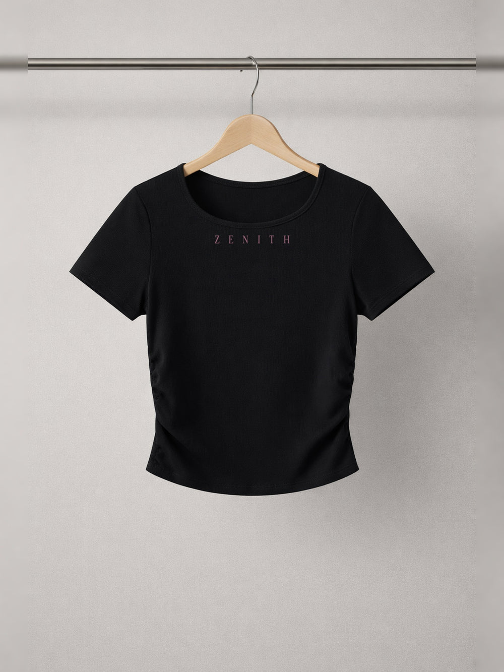 Lily of the Valley Ruched Crop Top — Onyx Black — chest side, studio hanger