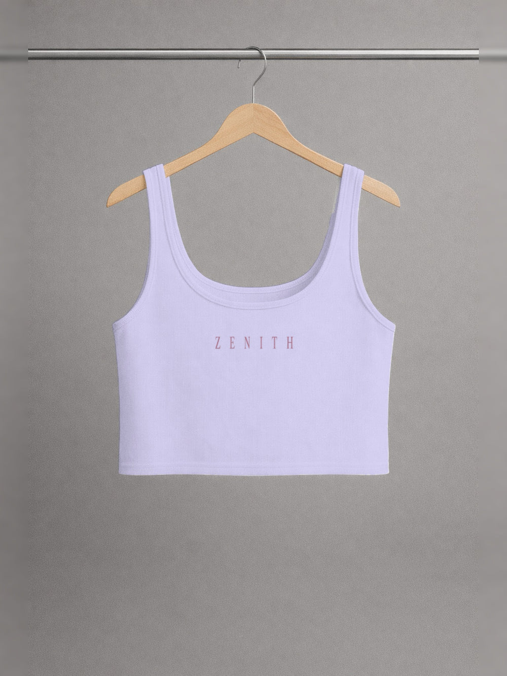 Theotokos Cropped Tank — Lavender — chest side, studio hanger
