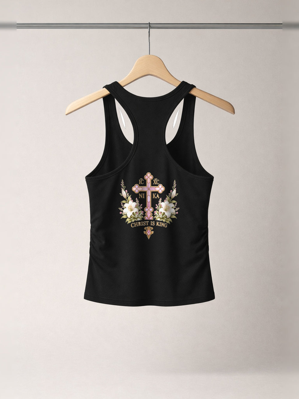 Handmaid of the Lord Ruched Tank — Onyx Black — back print, studio hanger
