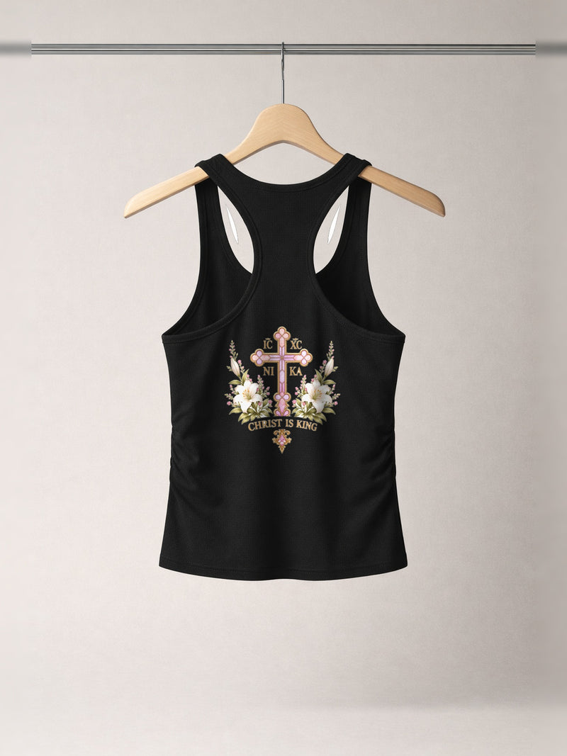 Handmaid of the Lord Ruched Tank — Onyx Black — back print, studio hanger