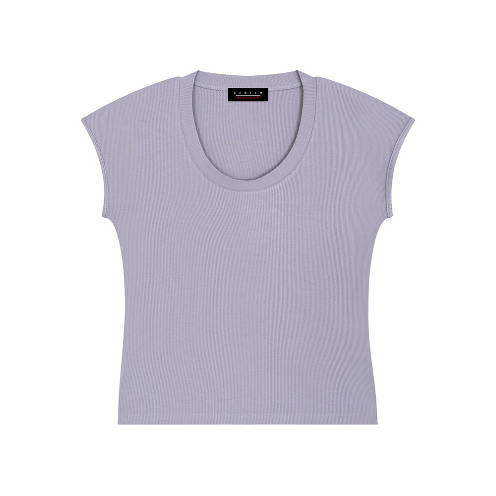 Bride of Christ Baby Tee — Lavender Grey — chest side flat lay