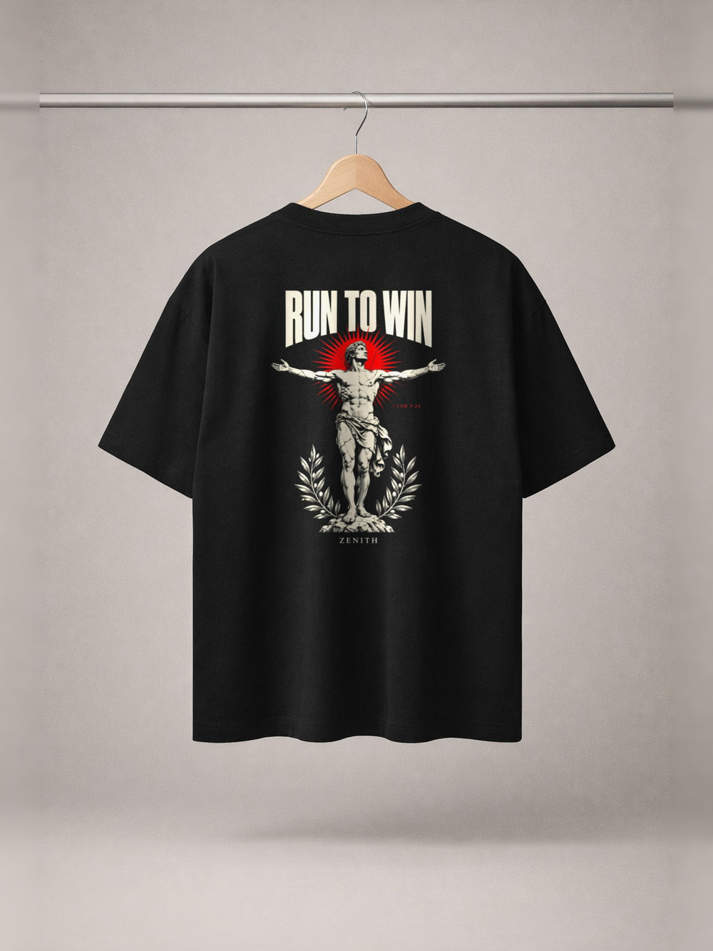Run To Win Tee — Black — back print, studio hanger